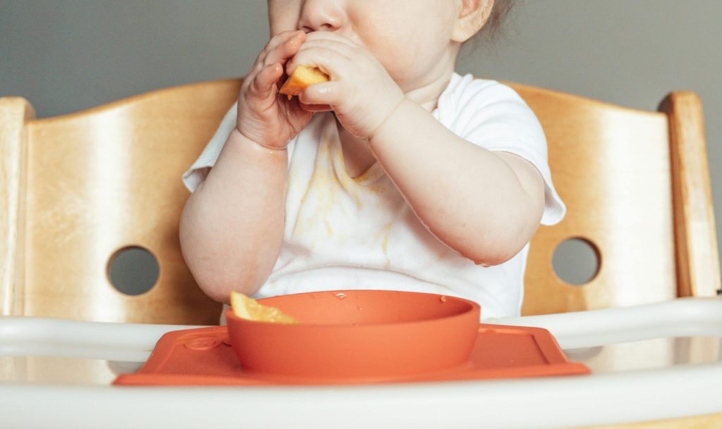 A cute baby in a highchair eating a slice of fruit during their first meal experience.